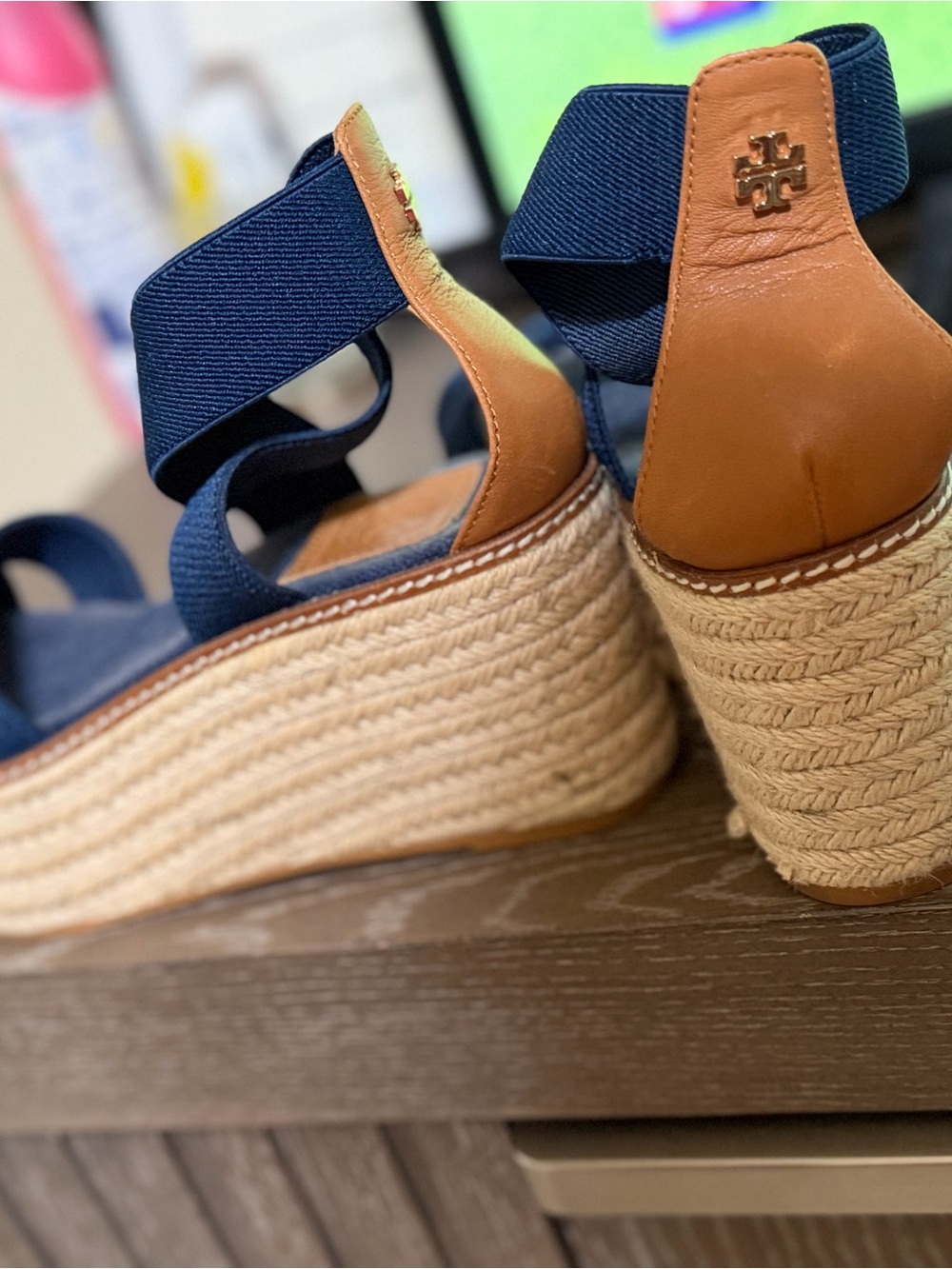 Tory Burch Navy and Tan Espadrille Wedge Sandals with Logo Heel